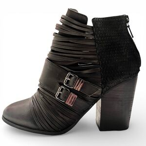 Grey City Black Leather Suede Heeled Strappy Ankle Boot Almond Block 10